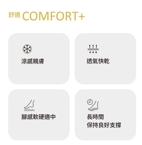 舒適 COMFORT+:涼感親膚、透氣快乾、軟硬適中